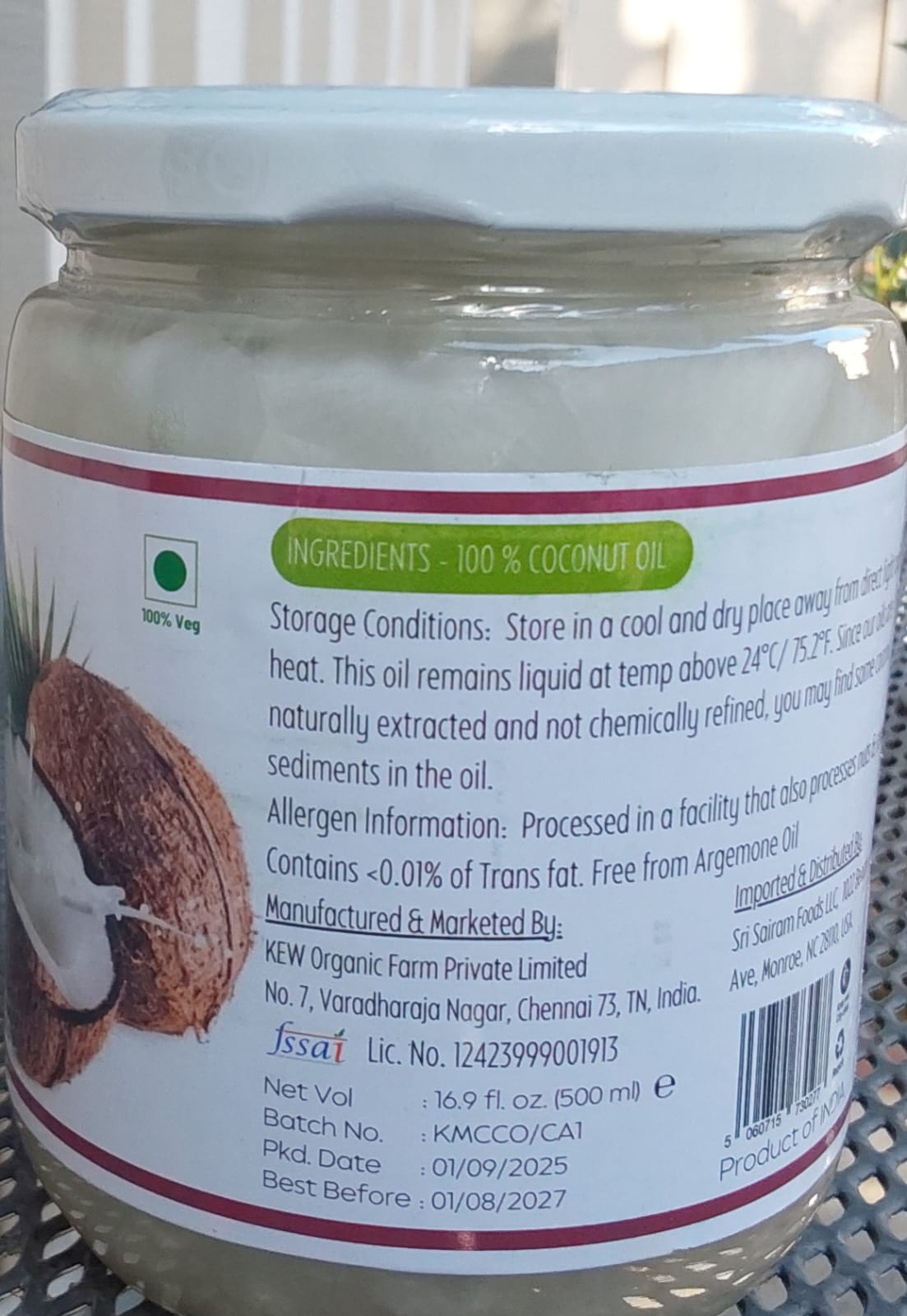 Cold Pressed Coconut oil 0.5L in glass Jar